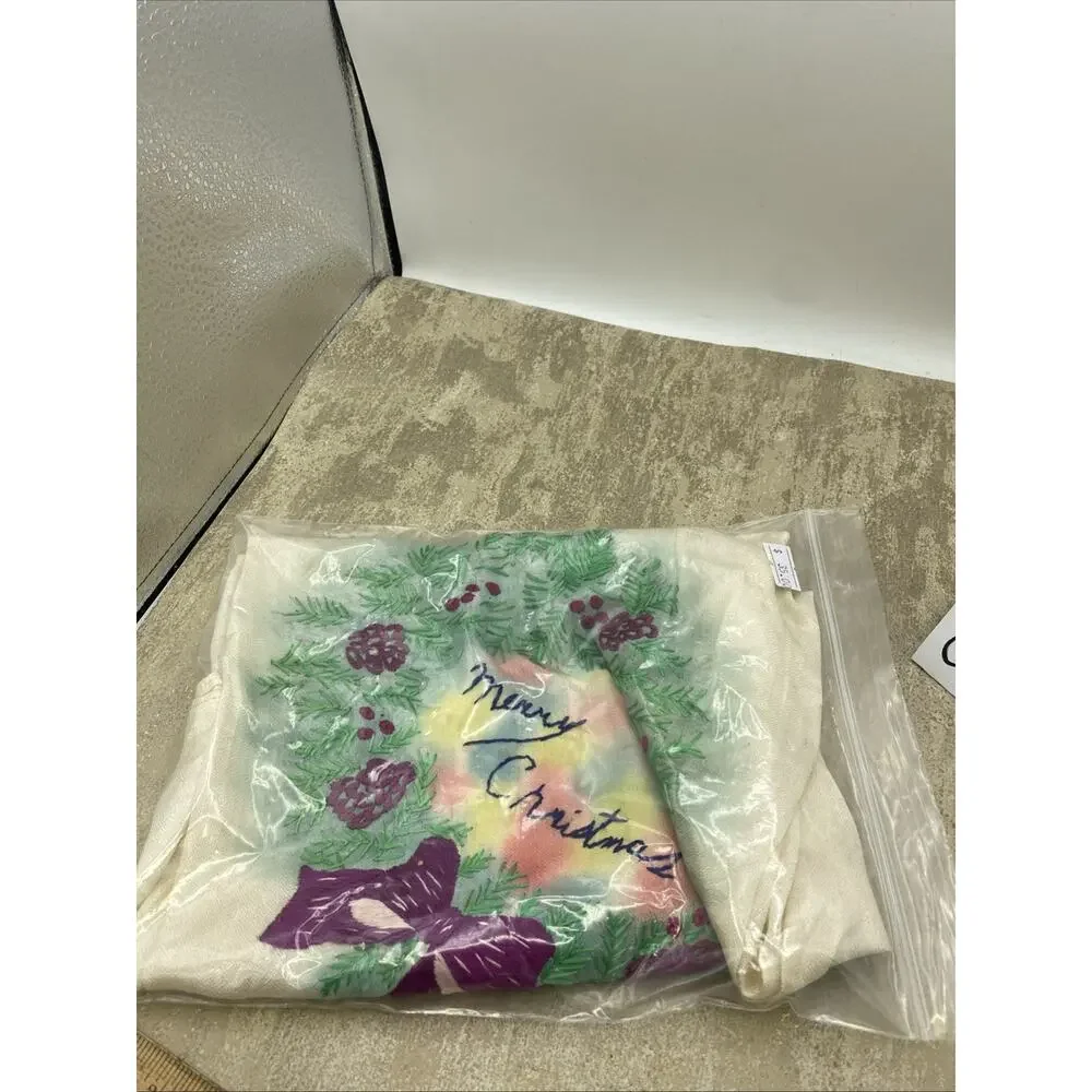 Antique Handmade Embroidered Christmas Scarf 27”X 27” Multicolored